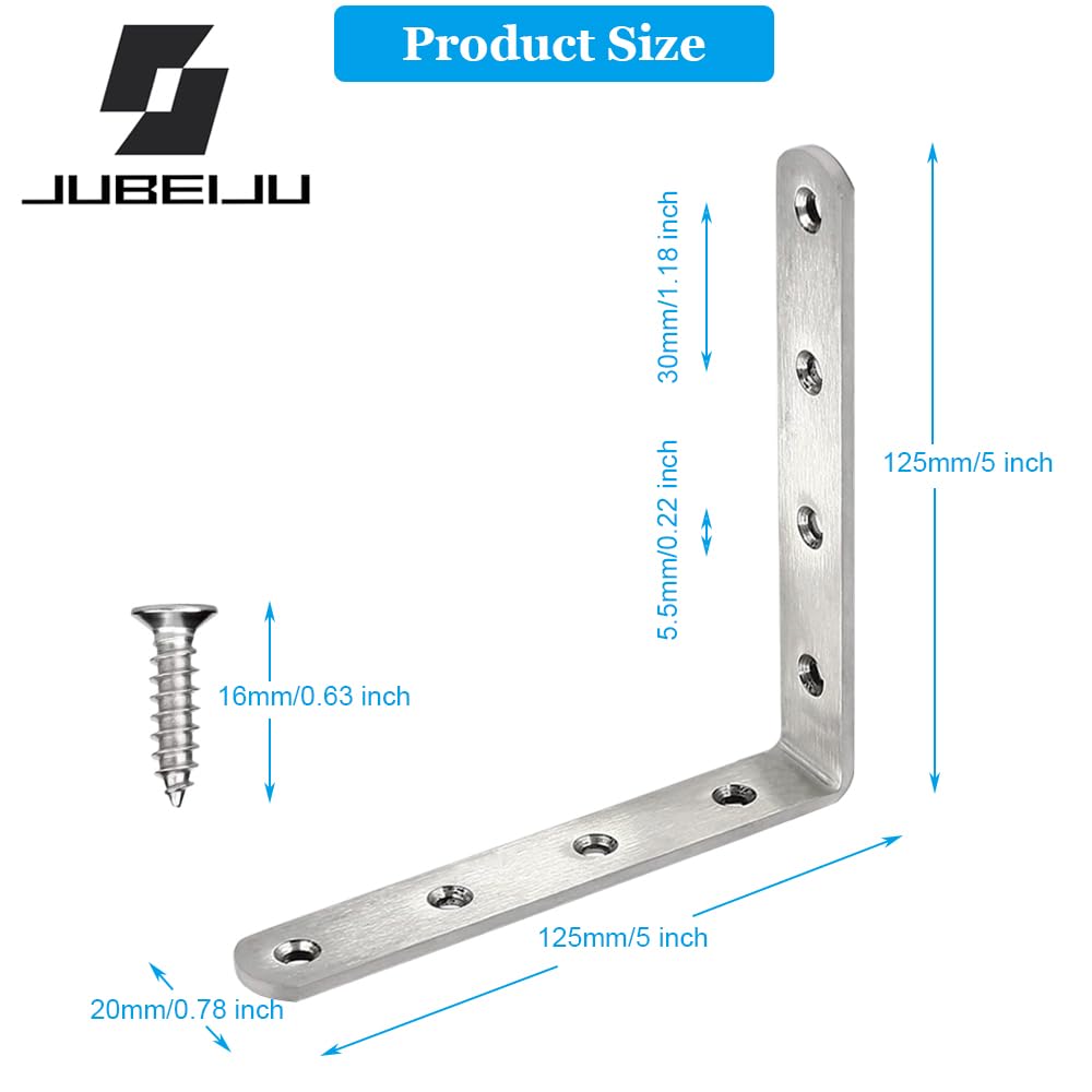 12 soportes en L de acero inoxidable de 5 x 5 pulgadas, soporte de esquina sólido resistente, soporte de esquina, soporte de esquina de junta de metal para estantes de madera, con tornillos