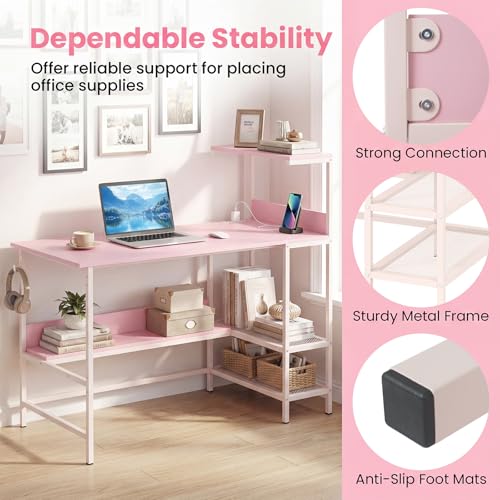 Image of Tangkula 48 inch Reversible Computer Desk with Bookshelves, Home Office Desk with Power Outlets, Hook and Storage Shelves, Writing Study Desk for Living Room, Study Room, Office (Pink)