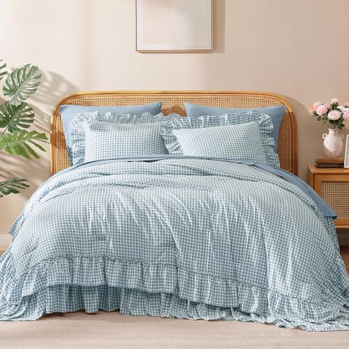 Image of Full Size Comforter Set Blue Gingham Ruffle 7 Pieces Farmhouse Bed in a Bag | Shabby Chic Fluffy Bedding Sets with Sheets, Pillowcases & Shams