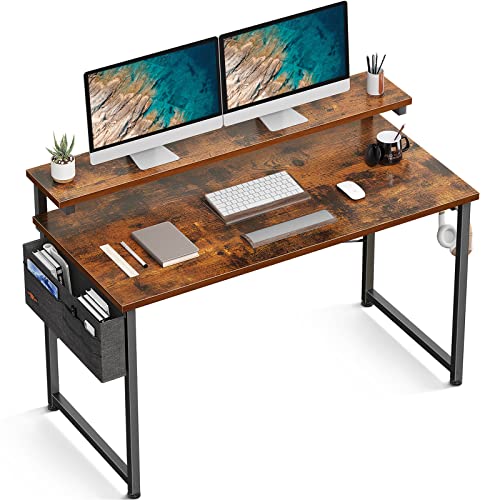 ODK Schreibtisch, Computertisch, Homeoffice Desk, Schreibtisch mit Regal, Tisch mit Höhenverstellbaren Ablagen, 120 × 50 × 84 cm, Rustikales Braun Cover