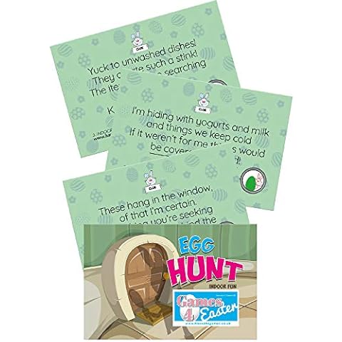 INDOOR EASTER EGGS HUNT CLUES - 20 Easter Hunt Clue Cards - credit card sized indoor easter egg hunt clues - Easter egg hunt game is the classic Easter Games for kids! Cover