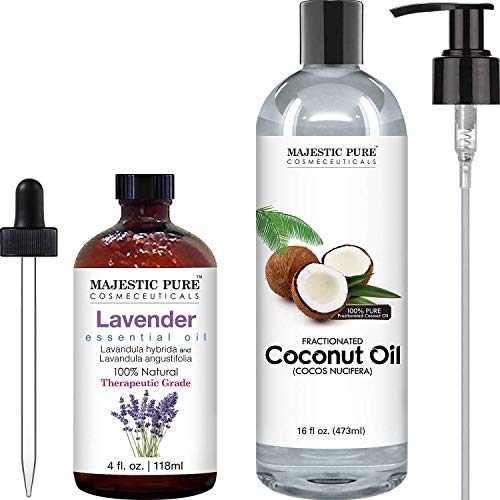 Lavender Essential Oil and Fractionated Coconut Oil Bundle by Majestic Pure - Great Combo Pack for Aromatherapy, Massage and Topical Uses