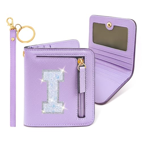 Image of COSHAYSOO Initial Wallet RFID Small Bifold Slim Letter Wallet for Women Teenager Girls Travel Daily Necessities Credit Cards Money Cash Coin Organizer, Purple, Compact, I