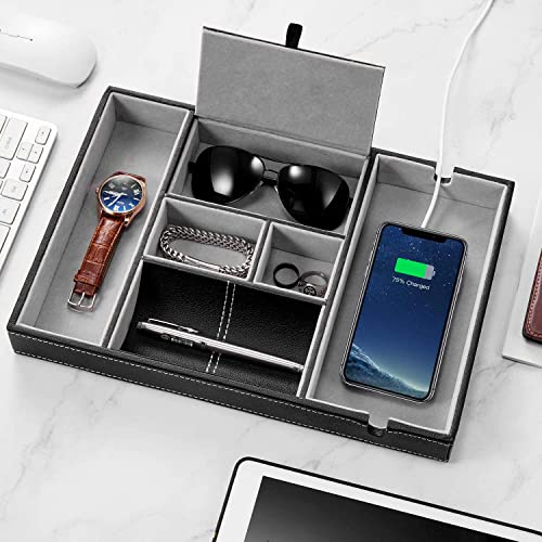Boîte de rangement pour organisateur de plateau, organisateur de commode avec chargeur sans fil, organisateur de table de chevet, plateau de valet en cuir, portefeuille, téléphone, plateau de capture Cover