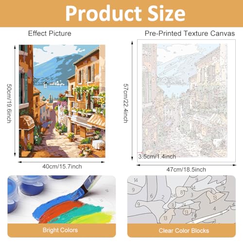 Image of HASTHIP DIY Paint By Numbers Kit For Adults, Pre-Framed European Town Scenery Canvas With Acrylic Paints & Brushes, Beginner-Friendly Art Kit For Wall Decor & Gift, 16X20 Inch(No Frame), Multicolor