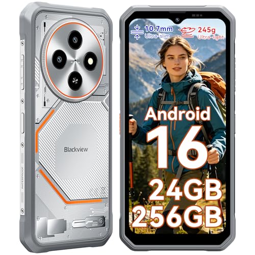 Blackview Móvil Rugerizado Android 16, 245g&10.7mm Ultra Slim Moviles Resistentes, 24GB+256GB/2TB Movil Irrompible, 6.56' Display, Gemini AI, 16MP AI Caméra, IP69K/NFC/GPS/3 Anni Garanzia