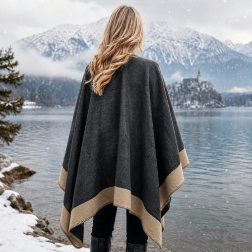 Image of Plaid Shawl Wrap for Women Boho Open Front Poncho Wrap Fall Winter