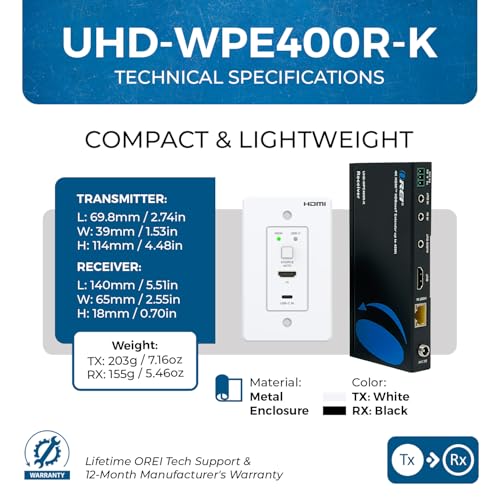 Image of OREI 4K Wall Plate HDBaseT HDMI /USB-C Extender, 400 ft Over Single Cat6 /Cat7 Cable Wall Plate Transmitter 4K @ 60Hz, HDR, RS-232, CEC, & 2 Way IR Control