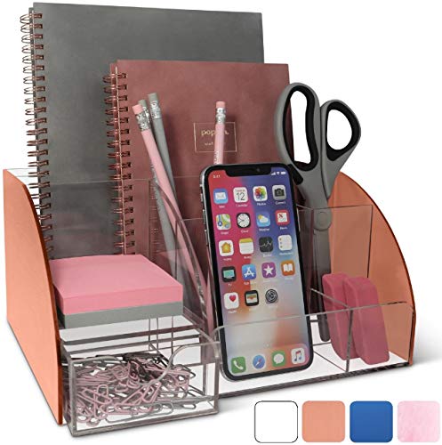 Rose Gold Desk Organizer Office, Acrylic, 9 Compartments, Office Supplies Desk Accessories Organizer with Drawer, Pen Holder, Office Decor Desktop Organization (Rose Gold)