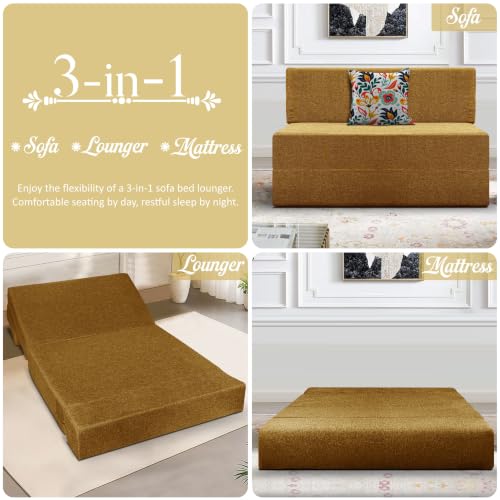 Image of Los Angeles Foldable One Seater Sofa Cum Bed, Sofa Bed 3 X 6 Feet Jute Fabric Washable Cover- Including Cushion Perfect for Living Room - Golden
