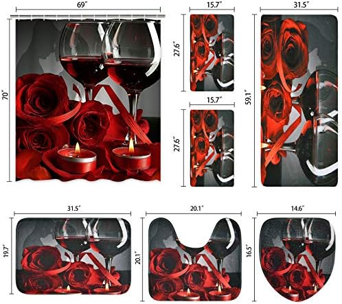 7 Piece Valentines Shower Curtain Sets with Rugs and Towels, Include Non-Slip Rugs, Toilet Lid Cover, Bath Towel and Mat, Romantic Red Rose Shower Curtain with 12 Hooks for Bathroom Decoration