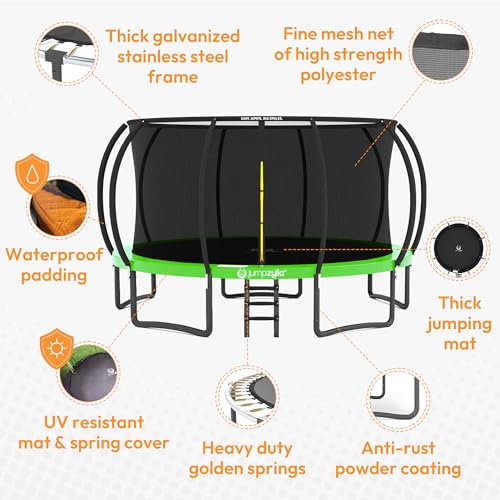 Image of JUMPZYLLA Trampoline Outdoor 8FT 10FT 12FT 14FT 15FT 16FT with Enclosure and Ladder, ASTM Approved Recreational Trampoline for Kids and Adults, Anti-Rust Coated Frame
