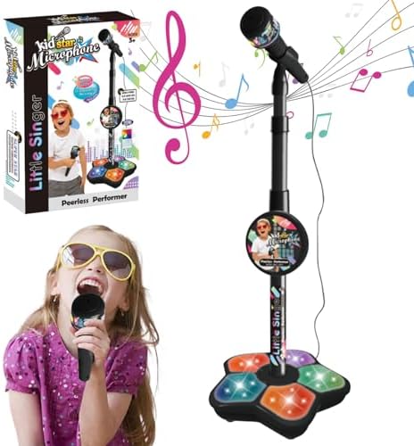 Kids Microphone with Stand, Adjustable Kids Microphone with Lights, Detachable Standing Kid Karaoke Machine for Ages 3+ Children