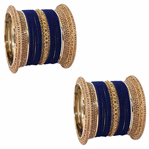 Image of NMII Non-Precious Metal with Base Metal and Studded with Zircon Gemstone Glossy Finished Traditional Velvet Bangle Chuda set for Women and Girls
