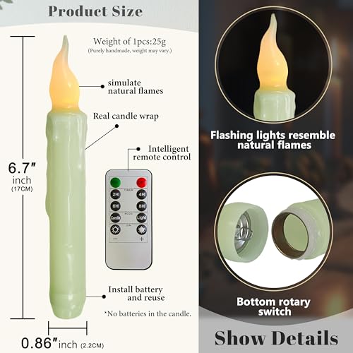 Image of Real Wax LED Flameless Short Taper Candles with Remote, 6.7 Inches Green Candlesticks, Dripless Battery Operated Flame Rustic Primitive Flameless Spring Candles for Home, Pack of 2
