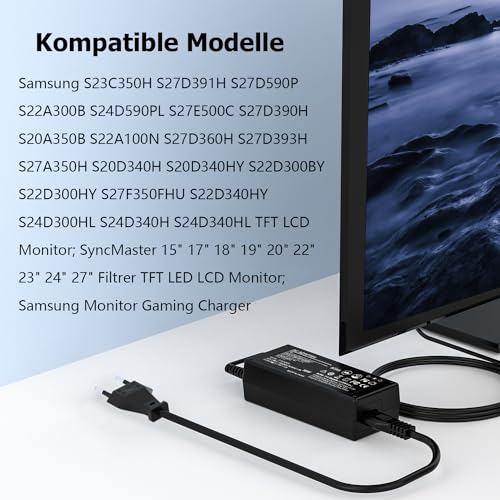 14V Netzteil Kompatibel für Samsung Monitor U28E590D S22D300HY C27F390FHU S27D390H S24D330 S24D390HL S24D391HL C24F396FHU S22C300H SyncMaster LCD/TFT 770 760V 1501MP TV Stromkabel Ladegerät Adapter