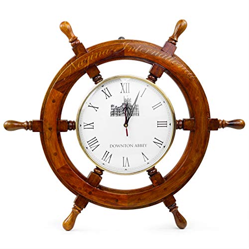 Nagina International Nautical Handcrafted Wooden Premium Wall Decor Wooden Clock Ship Wheels | Pirate's Accent | Maritime Decorative Time's Clock (24 Inches, Clock Size - 10 Inches) #TOP26