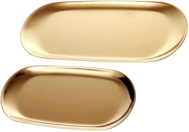 2 Pcs Stainless Steel Cosmetics Tray, Dessert Candy Dish Tea Coffee Cup Plate, Storage Tools for Jewelry Bathroom Vanity Towels Holder (Gold)