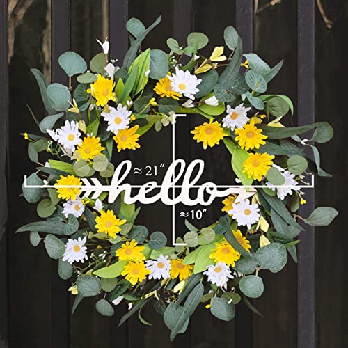 Sasuka 21" Artificial Eucalyptus Wreath With Hello Sign, Daisy Spring Summer Wreath For Front Door Wall Window Party Festival Wedding Decor #TOP4