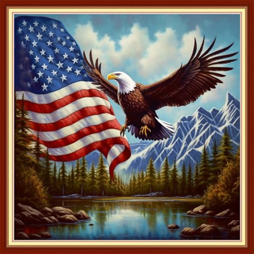 Image of Foxdiviy Stamped Cross Stitch Kits for Beginners Full Range of Cross Stitching 11 CT Printed Cross Stitch Kits for Adults Cross Stitch Patterns Needlepoint Kits-National Flag Owl 18x18 inch