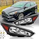 Headlights Assembly with Bulbs Compatible with 2015 2016 2017 2018 Ford Focus S | SE | ST Halogen Headlamps Driver & Passenger Side Pair, Black Housing Amber Corner