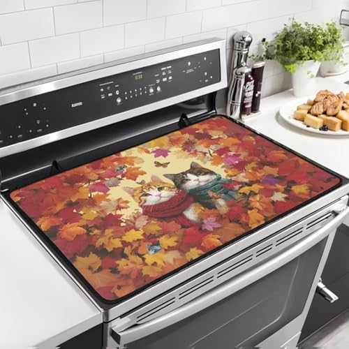 Image of Stove Cover Dust Mat, Thanksgiving Maple Cat, Heart Resistant Ceramic Glass Electric Stove Top Cover, Extra Large Stovetop Cover for Electric, Thanksgiving Decor