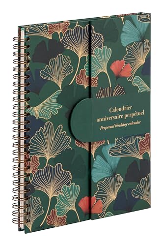 Clairefontaine - 116246C - Un Calendrier Anniversaire Perpétuel à Spirale 23x17 cm 50 Pages Imprimées - Décor Feuilles de Ginkgo - Fermeture Aimantée pour...