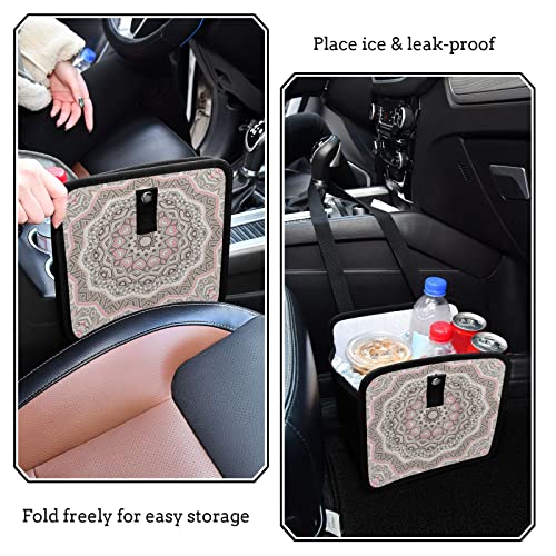 Image of Boho Mandala Pink Car Trash Can, Foldable Hanging Car Trash Bag, Small Waterproof Car Accessories Garbage Bin