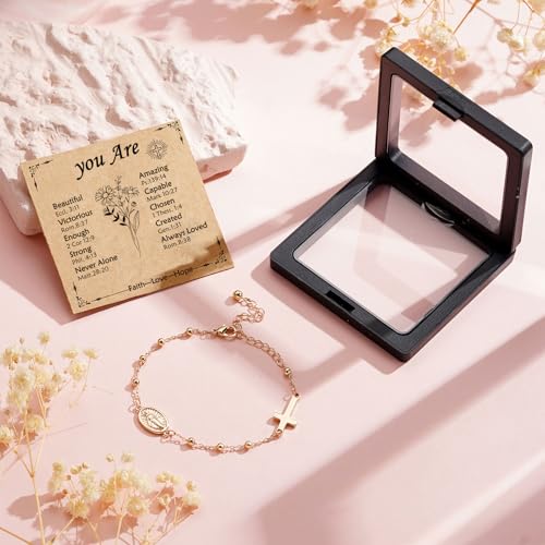 Image of Catholic Virgin Mary Cross Bracelet Gifts for Girls Teens Women, Rosary Beads Charm Link Chain Bracelet Easter First Communion Confirmation Baptism Religious Jewelry Gifts