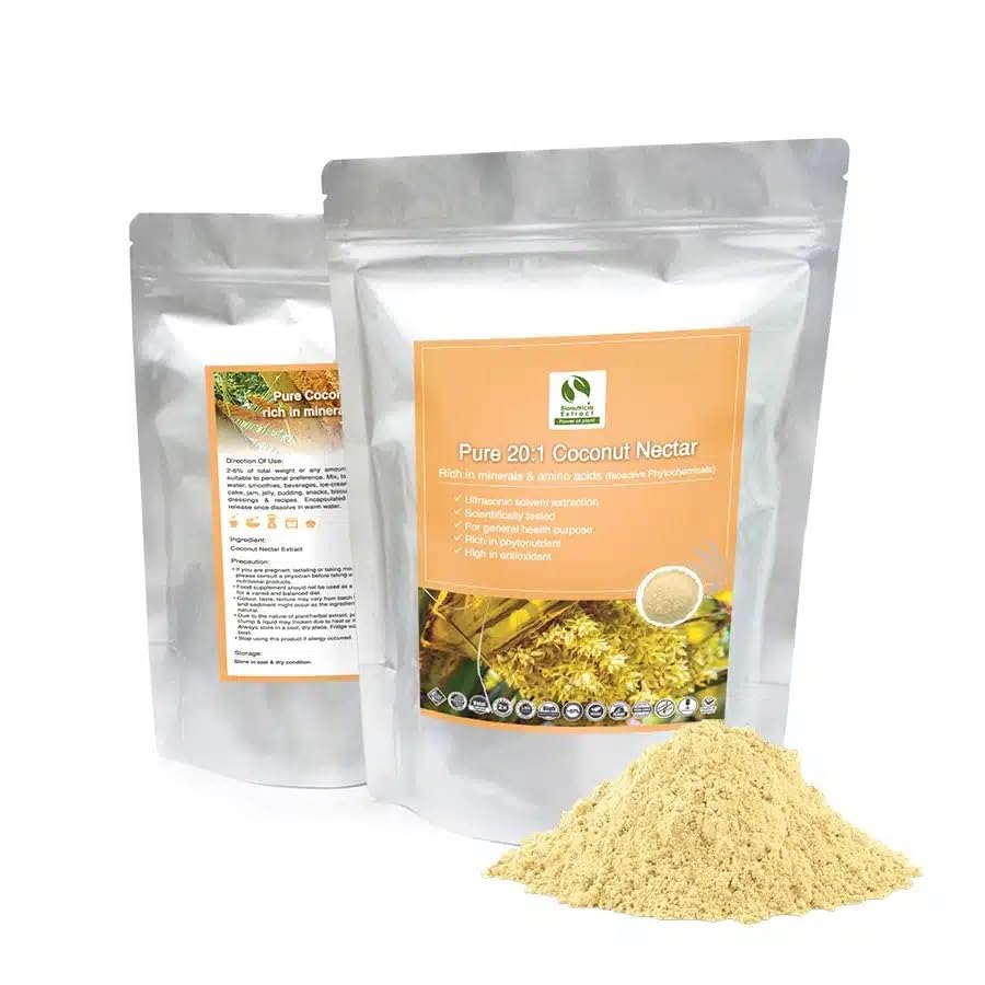 Extracto de néctar de coco puro – Polvo 100 g puro 100 % natural sin aditivos – Concentrado 20:1 – Para sopa, batidos, café, bebidas, pasteles