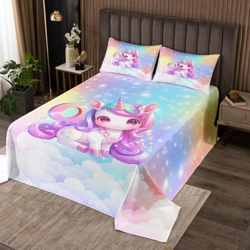 Castle Fairy Kawaii Unicorn Bedspread Twin Size,Beautiful and Lovely Print Comforter Set for Kids Teens Bedroom Decor,White Feather Bedding Set 2pcs,1 Pillowcase