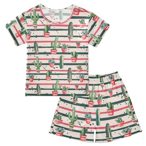 ALAZA Cactus Colorful Stripes Pajama Set Short Sleeve Sleepwear Soft Lounge Nightwear