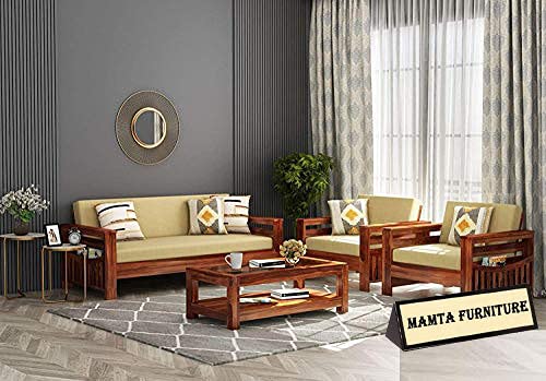 Image of Mamta Furniture Wooden Solid Sheesham Wood 5 Seater Sofa Set with Cushions (5 Seater Sofa | 3+1+1 with Coffee Table, Honey Finish 1)