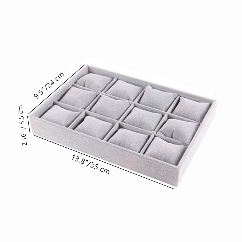 Watch Organizer Tray 12 Slots, 12 Grid Jewelry Bangle Display Tray with Adjustable Pillow, Velvet Watch Box Organizer Bracelet Storage Holder Box Case for Men Women (Grey)