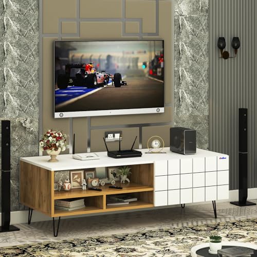 Image of Anikaa Axiora Engineered Wood Floor Standing TV Unit for Living Room | Modern Entertainment Console with 3-Open Boxes & 1-Closed Door Storage | Giantwood & White DIY (Do-it-Yourself) Installation
