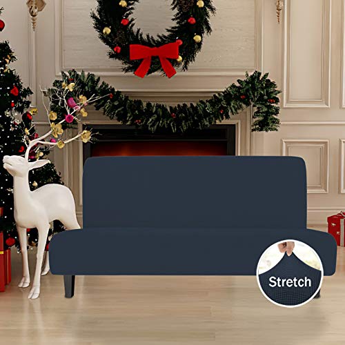 Image of Easy-Going Stretch Large Futon Slipcover Armless Futon Cover Dark Blue | Sofa Bed Furniture Protector Without Armrests with Elastic Bottom for Kids, Soft Jacquard Machine Washable