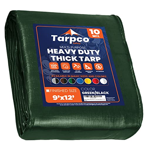 Image of Heavy Duty 10 Mil Tarp Cover, Waterproof, UV Resistant, Rip and Tear Proof, Poly Tarpaulin with Reinforced Edges for Camping, Roof, Patio, Pool, Boat. (Green /Black 9′ X 12′)