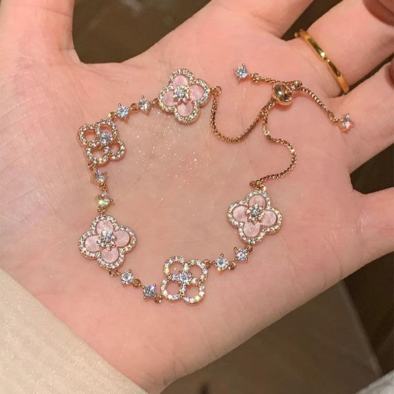 Crystal Floral Adjustable Bracelet, Rose Gold Plated, Pink Cherry Blossom Design with Rhinestones, Sliding Clasp2