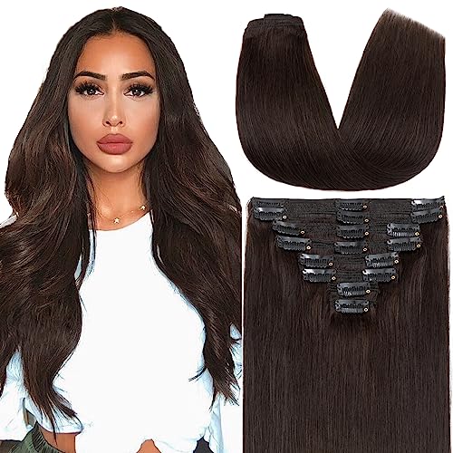 s-noilite Clip in Human Hair Extensions 100% Real Remy Thick True Double Weft Full Head 8 Pieces 18 clips Straight silky (14 inch - 120g,Dark Brown (#2))