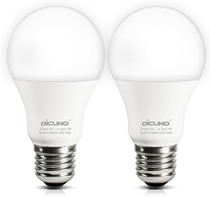 DiCUNO Dusk to Dawn LED Outdoor Light Bulbs, Automatic On/Off Light Sensor Bulb, 9W (60W Equivalent), 5000K Daylight White, 800lm, A19 E26 Base LED for Front Door, Porch, Garage, Yard, Pack of 2