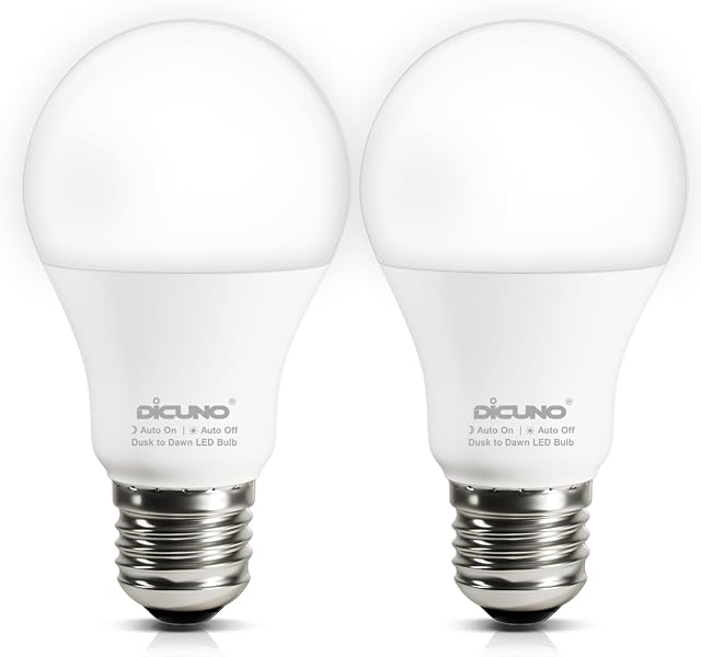 DiCUNO Dusk à Dawn LED Ampoules d'éclairage d'extérieur, Ampoule de capteur automatique marche/arrêt, 9W (60W Équivalent), 5000K Blanc clair, 800lm, A19 E26 Base LED pour porte d'entrée, porche, garage, cour, paquet de 2