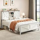 DWVO Farmhouse King Size Bed Frame w/Storage Bookcase Headboard, Sliding Barn Door, Charging Station, Rustic Wood Platform Bed w/Wood Slats Support, No Box Spring Needed,White