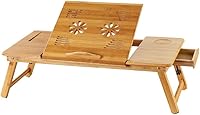 Vista 5 de Escritorio de regazo de bambú, escritorio plegable para laptop, bandeja de cama ajustable en altura para laptop, bandeja de cama para servir, mesa