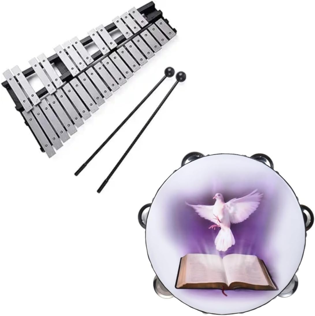 Foldable 30 Note Glockenspiel Xylophone And 10 inch Tambourine 6 Pairs Double Metal Jingle