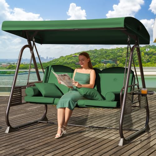 Image of 3 in 1 Outdoor Porch Swing with Adjustable Canopy, 3 Seat Outdoor Swing for Adults, Patio Swing Chair with Thickened Cushions,Pillows & Cup Holders for Backyard, Porch, Garden (Green)