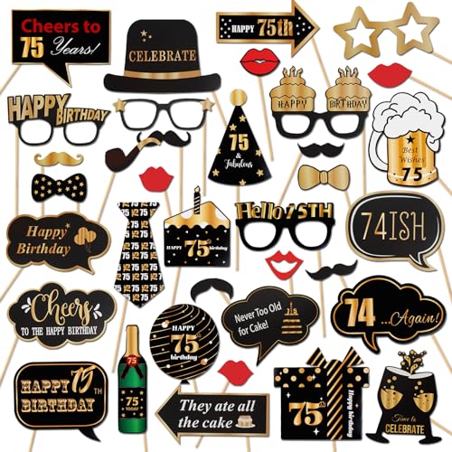LINGTEER Happy 75th Birthday Party Photo Booth Props,Cheers to 75th Birthday 75th Years Old Bday Party Centerpieces Props Decorations Sign.