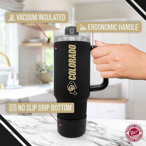 Image of Campus Colors College & University 40 oz Travel Tumbler With Handle - Dual Option Lid With Straw - Vacuum Insulated Stainless Steel (Colorado Buffaloes - Black)