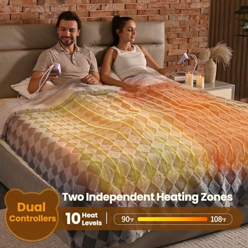 Image of Bearhug Heated Blanket King Size 100 inch x 90 inch Dual Controller Electric Blanket, Reversible Brown Plaid Sherpa Heating Blanket, 10-Heat Levels & 1-12H Auto Off, ETL, Machine Washable