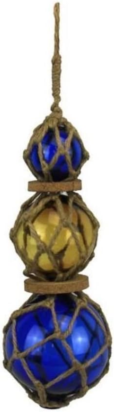 Hampton Nautical 3xglass-203 Blue - Amber - Blue Japanese Glass Ball Fishing Floats with Brown Netting Decoration 11" - Glass Buoy