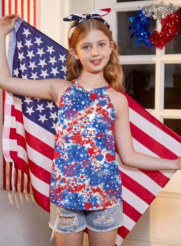 Image of BesserBay Girls Summer Back Button Halter Neck Tank Top Cold Shoulder Casual Blouse Pleated Sleeveless Shirts 5-14 Years